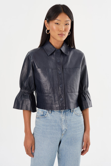 *ORDER TODAY* LAMARQUE Carolina Ruffle Sleeve Leather Jacket in Navy