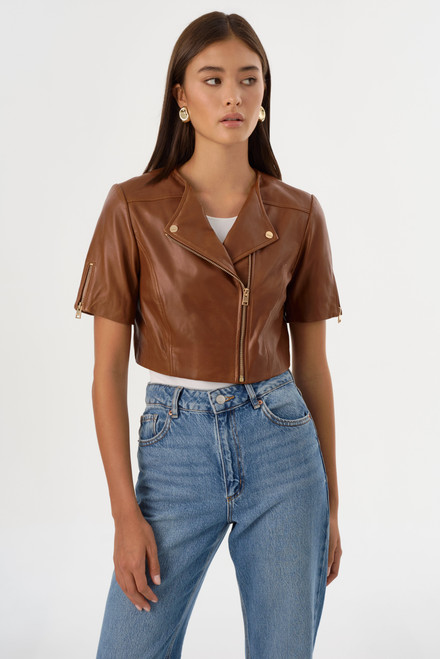 *ORDER TODAY* LAMARQUE Kirsi Gold 21 Cropped Biker Jacket in Luggage