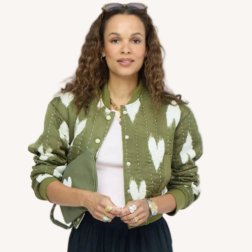 *COMING SOON* Kerri Rosenthal Ikat Heart Bomber in Army Green-Natural, Size Small