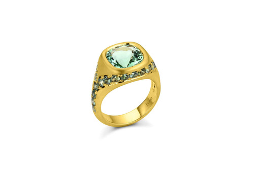 Leigh Maxwell Bezel Set Ring w/Side Pavé - Green Tourmaline & Green Sapphire, Size 7
