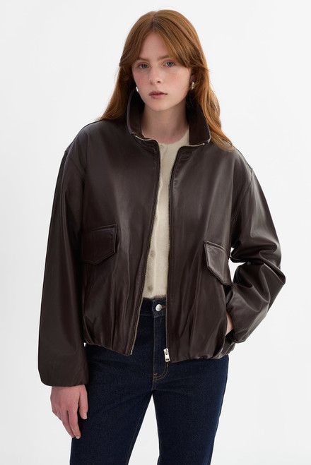 *ORDER TODAY* LAMARQUE Ramona Funnel Neck Leather Jacket in Dark Brown