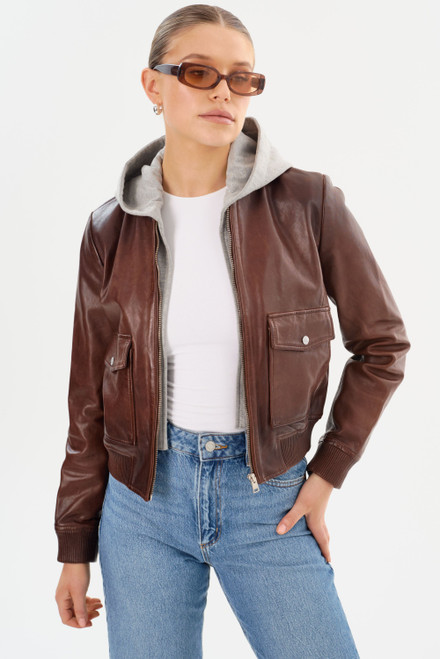 *ORDER TODAY* LAMARQUE Candace Leather Bomber Jacket in Chocolate Brown/Heather Grey