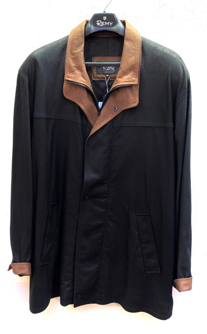 Remy Men's Leather Double Collar 3/4 Length Coat in Peat/Dakota, Size 42