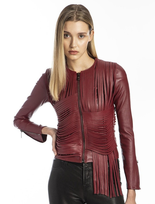 Nour Hammour Retrograde Draped Leather Fringe Jacket in Cranberry, Size 44