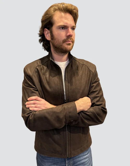 Remy Mens Embossed Nubuck Print Leather Jacket in Cigar/Cognac