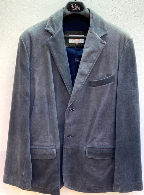 Remy Men’s Leather Button Blazer Jacket in Atlantic/Coal, Size 44