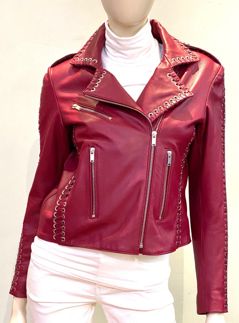Nour Hammour Whipstitch Moto Leather Jacket in Red, Size 44