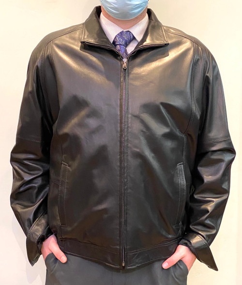 Remy Men’s Leather Single Collar Bomber Jacket in Noir, Size 46