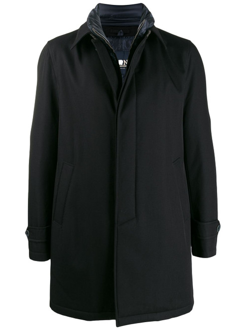 Herno Men’s Single Breasted Layered Wool Coat in Black, Size 62