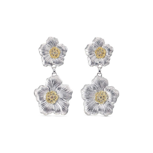 *RESERVE TODAY* Buccellati Blossoms Diamond Sterling Silver Gardenia Pendant Earrings, 7cm
