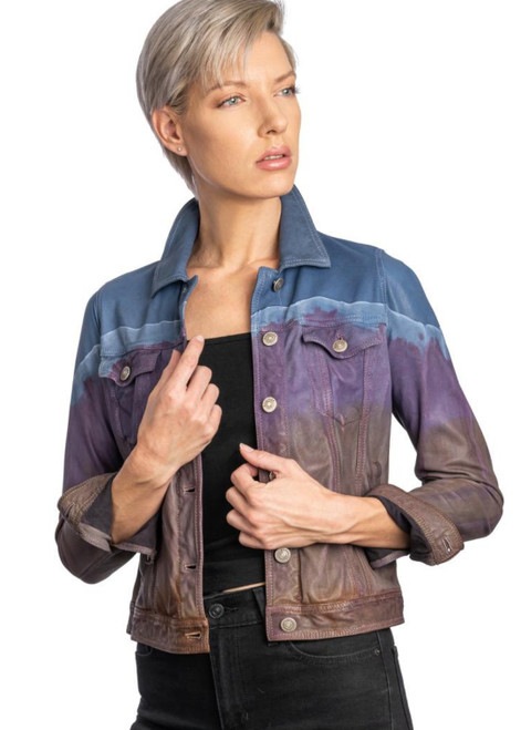 Augustina's Printed Jean Leather Jacket in Blue Tie-Dye 