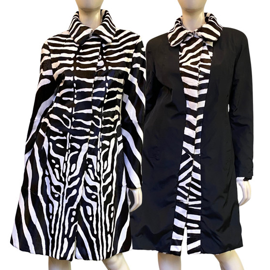 Augustina's Reversible Zebra Printed Goat Fur Coat in Black