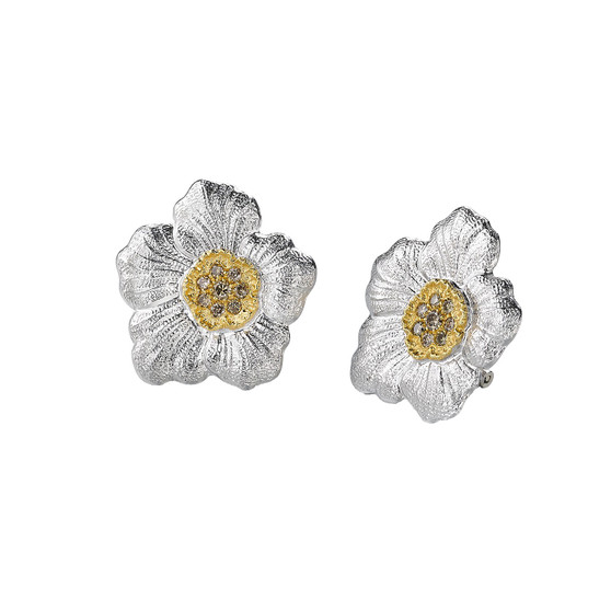 Buccellati Gardenia Large Silver Button Diamond Earrings 