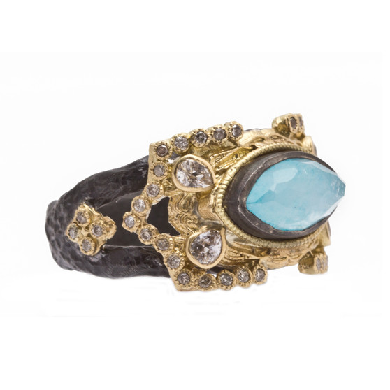 Armenta Yellow Gold Carved Marquis Blue Turquoise/Rainbow Moonstone Doublet Ring