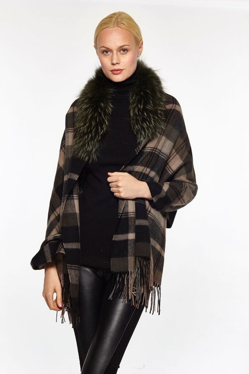 Augustina’s Women’s Fur Trim Plaid Wool/Cashmere Wrap, Olive