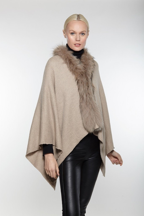  Augustina’s Women’s Genuine Fur Trim Drape Knit Shawl, Taupe