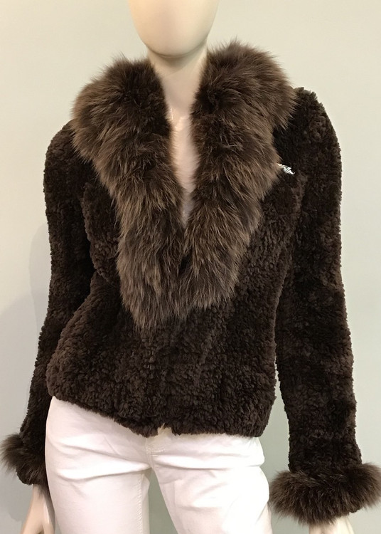 Paula Lishman Hand-Knit Sheared Beaver Jacket with Fox Fur Trim in Espresso