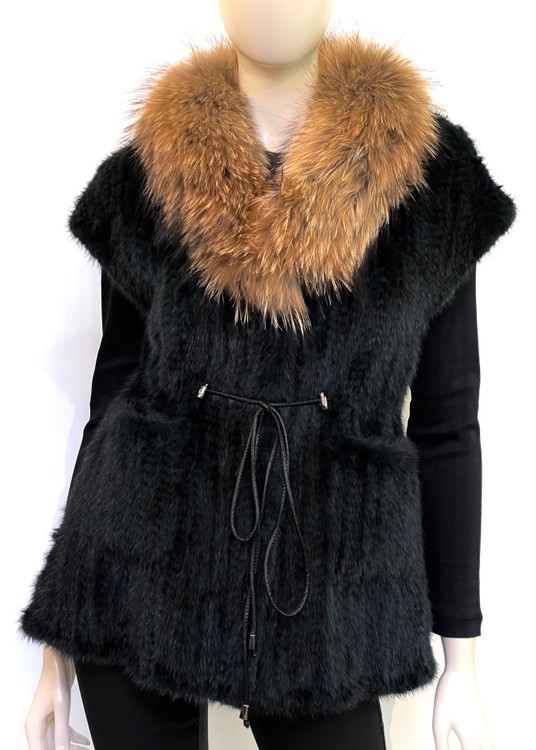 Augustina's Mink Knitted Vest with Raccoon Fur Trim in Olive Green