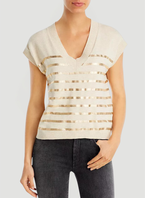 Majestic Filatures Metallic Stripe V-Neck Organic Cotton Top in Ecru