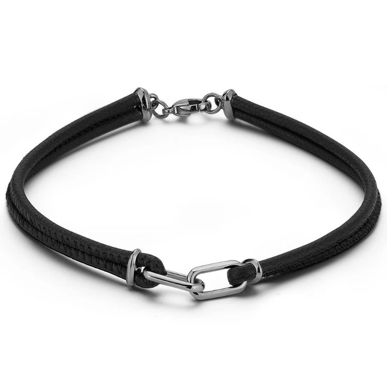 *RESERVE TODAY* Walters Faith Men's Saxon Sterling Silver and Black Rhodium Double Link Napa Leather Bracelet