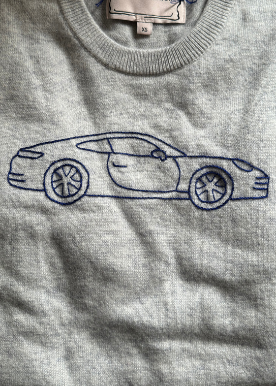 Augustina's Cobalt Thread Embroidered Porsche Car Crewneck Sweater in Smoke Augustina's Cobalt Thread Embroidered Porsche Car Crewneck Sweater in Smoke