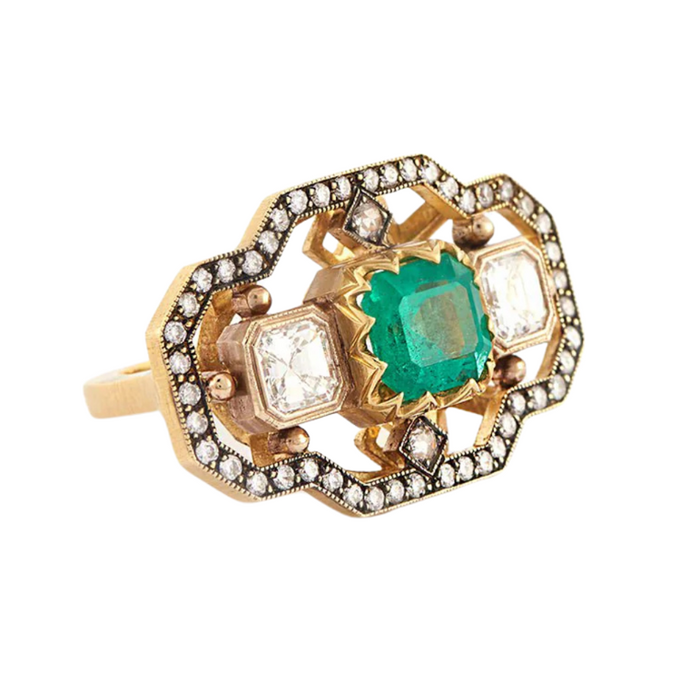 *ORDER TODAY* Sylva & Cie. 18K Yellow Gold Colombian Emerald Diamond Ring, Size 5.5