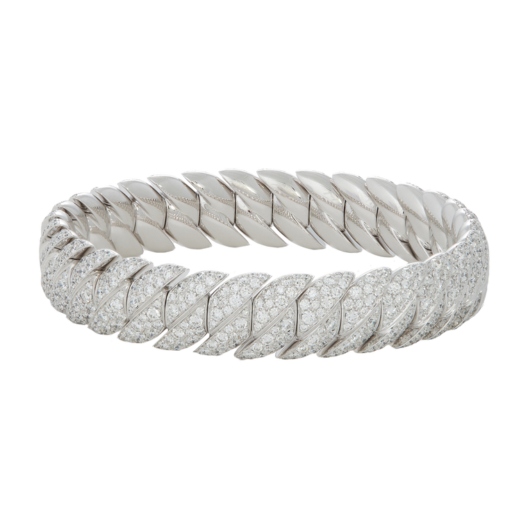 Sidney Garber 18K White Gold Narrow Wave Link Bracelet with Diamonds