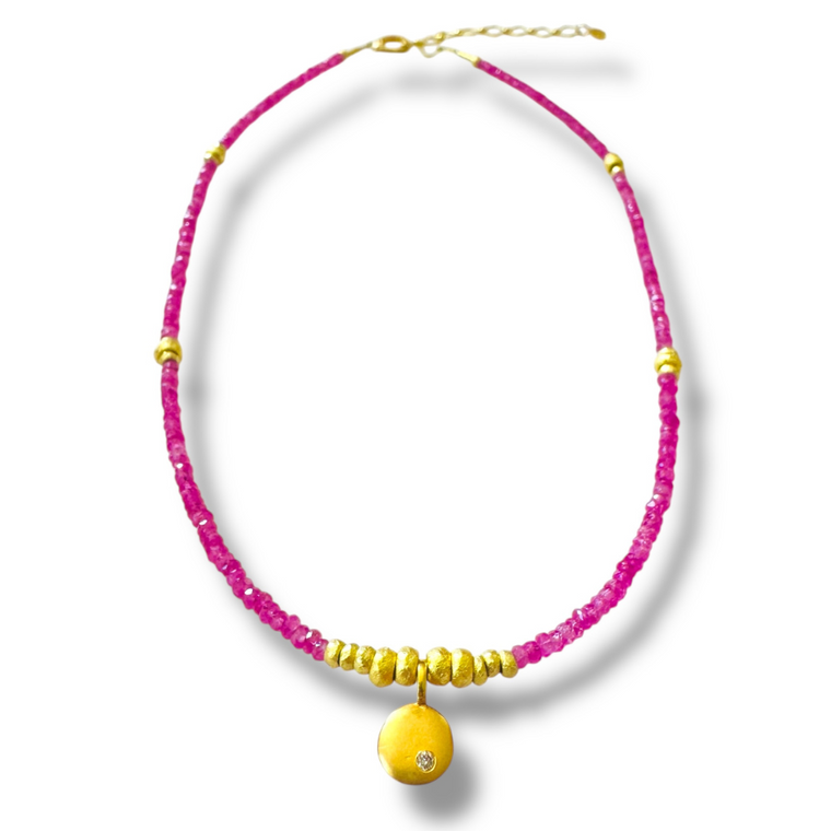 *SIP & SHOP EVENT* Mara Labell Designs The Siren 18K Gold Pink Sapphire Faceted Rondelles & Diamond Pendant Necklace, 16"
