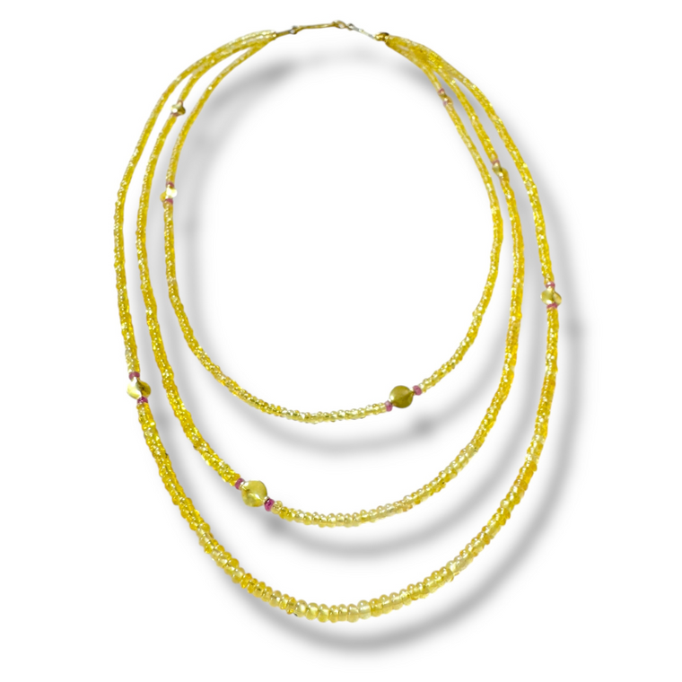 *SIP & SHOP EVENT* Mara Labell Designs Triple Threat 18K Gold Yellow with Pink Sapphire Rondelles & Gold Pebbles Necklace