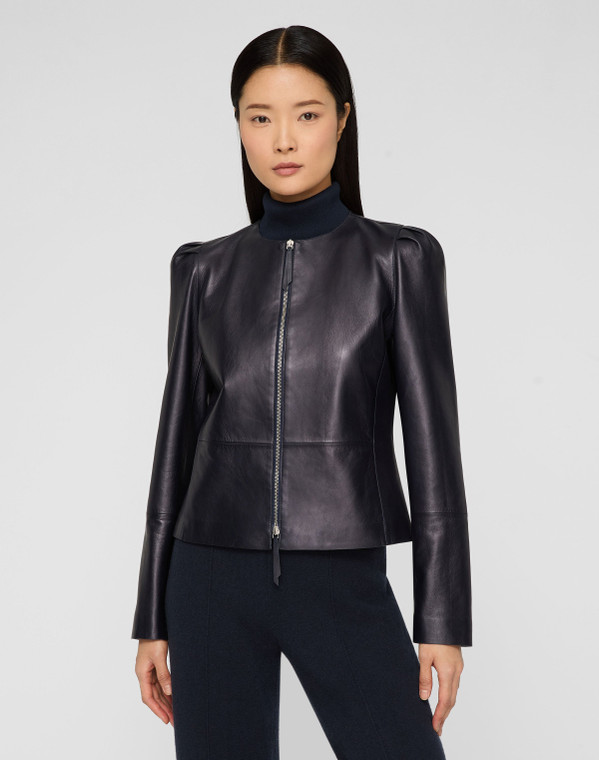 Lafayette 148 New York Nappa Leather Collarless Fitted Jacket in Ink
