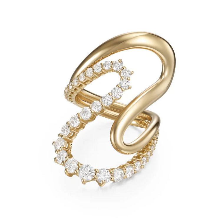 Melissa Kaye 18K Yellow Gold Large Hannah Ring (Partial Diamond), Size 6.5