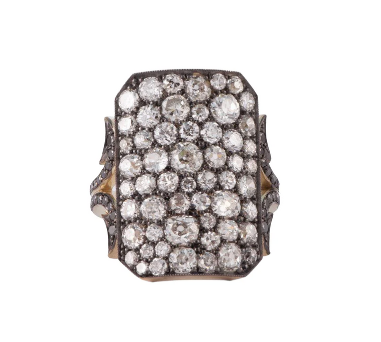 *RESERVE TODAY* Sylva & Cie. 18K Yellow Gold Old European Black Diamond Ten Table Ring, Size 7.25
