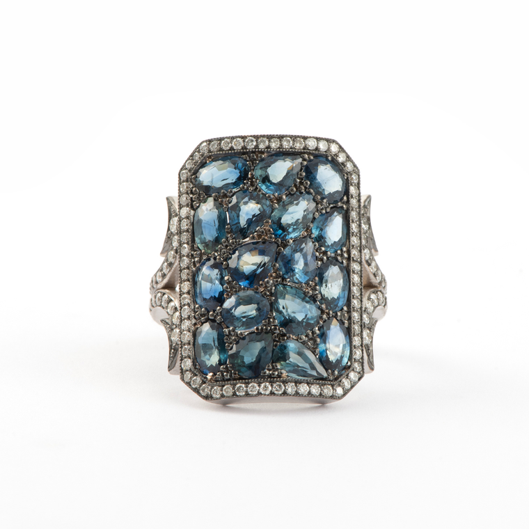 Sylva & Cie. 18K White Gold Sapphire and Diamond Short Ten Table Ring, Size 7 1/2