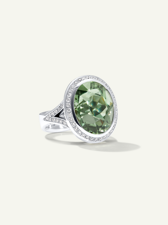 Tamara Comolli 18K White Gold Cushion Ring with Green Tourmaline and Diamond Pavé, Size 55 (7 1/4) Tamara Comolli 18K White Gold Cushion Ring with Green Tourmaline and Diamond Pavé, Size 55 (7 1/4)
