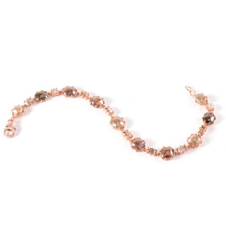 Sylva & Cie. 14K Rose Gold Rough Cut, Champagne Baguette and Princess Cut Diamond Bracelet, 7 1/4"
