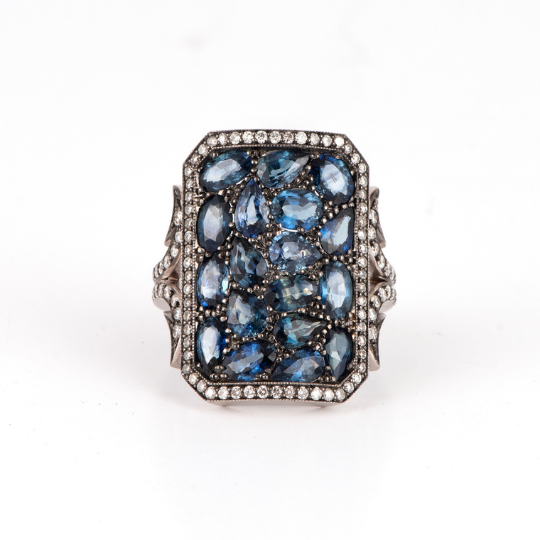 Sylva & Cie. 18K White Gold Sapphire Ten Table Ring, Size 7 1/2