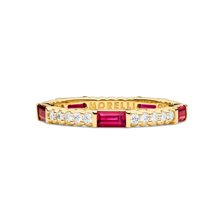 Paul Morelli 18K Yellow Gold Pinpoint Baguette Diamond Eternity Ring with Rubies, Size 6