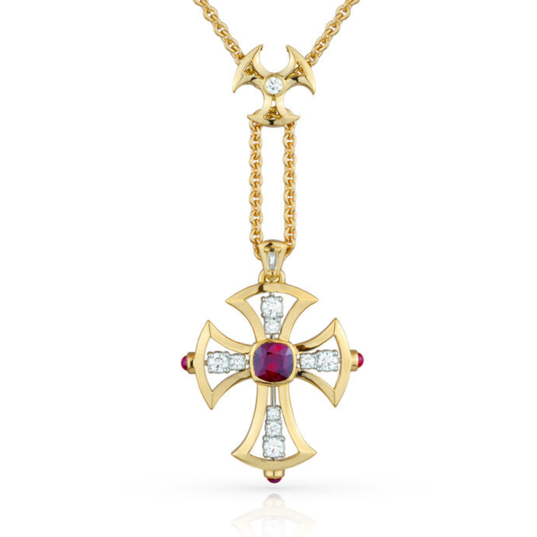 Paul Morelli 18K Yellow Gold & Platinum Ornate Diamond & Ruby Cross
