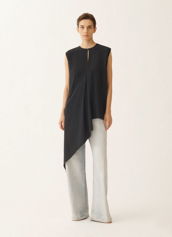 Fabiana Filippi Asymmetrical Crepe de Chine Top in Midnight Blue, Size 50
