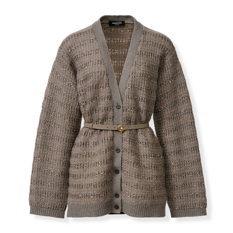 *VIRTUAL TRUNK SHOW* Fabiana Filippi Mohair Platinum Sequin Stripe Cardigan With Leather Belt