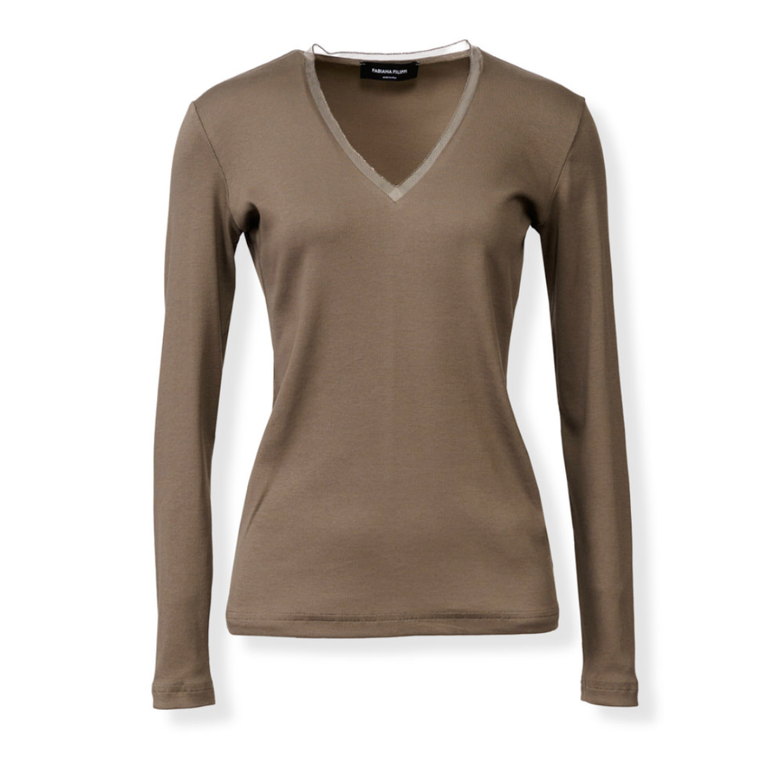 *VIRTUAL TRUNK SHOW* Fabiana Filippi Ribbed Cotton V Neck Long Sleeve T-Shirt With Tulle Trim