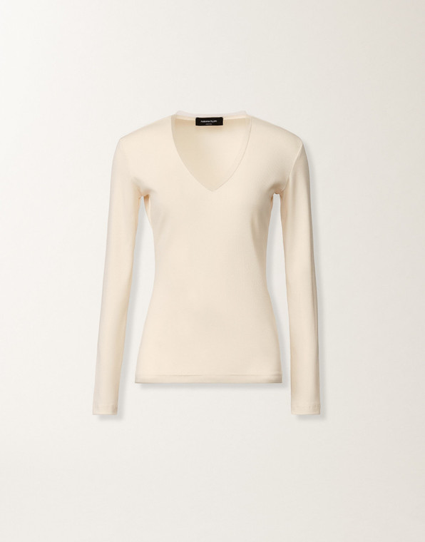 Fabiana Filippi Long Sleeve V-Neck Ribbed Jersey T-Shirt in Butter, Size 38