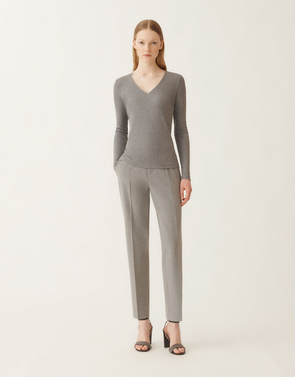 Fabiana Filippi Long Sleeve V-Neck Ribbed Jersey T-Shirt in Rock Grey, Size 46