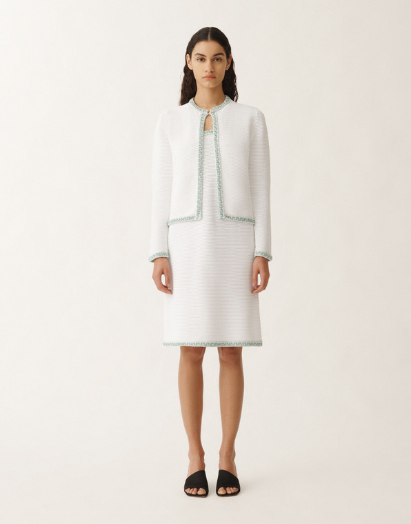 Fabiana Filippi Organic Cotton Cardigan in Optical White/Aqua Green, Size 40