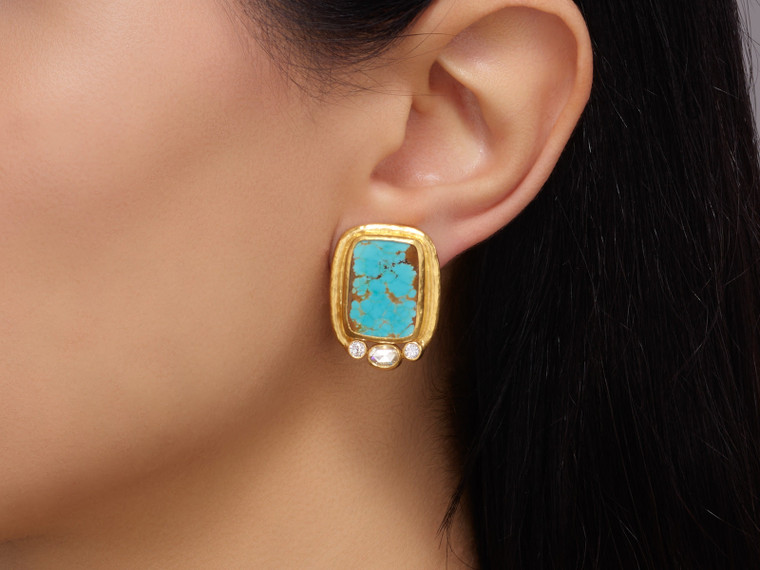 *GURHAN SHOP & SIP EVENT* GURHAN Muse One-of-a-Kind 24K Gold Turquoise Stud Earrings, 19x15mm Rectangle Gemstone set in Wide Frame