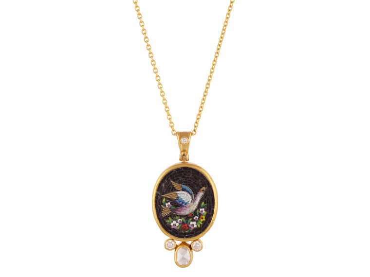 *GURHAN SHOP & SIP EVENT* GURHAN Antiquities One-of-a-Kind 24K Gold Micro Mosaic Pendant Necklace, Micro Mosaic Depicting Dove Bird