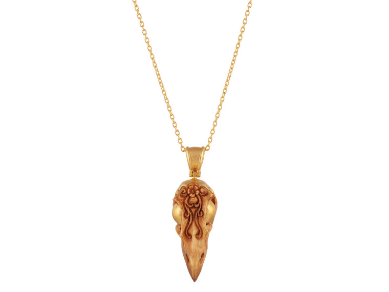 *GURHAN SHOP & SIP EVENT* GURHAN Mens One-of-a-Kind 24K Gold Mammoth Tusk Pendant Necklace, Raven Skull Shaped Carved Mammoth Tusk