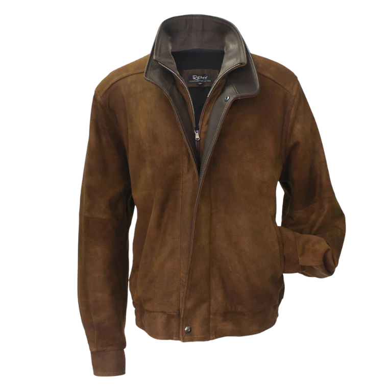 *COMING SOON* Remy Men's Leather Double Collar Bomber Jacket in Safari/Cognac