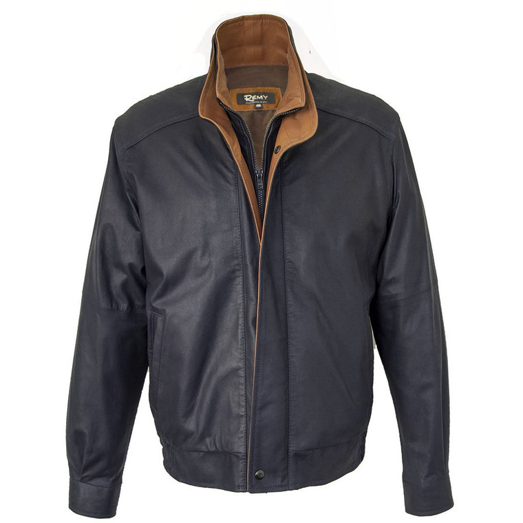 *COMING SOON* Remy Men's Leather Double Collar Bomber Jacket in Navy/Timber