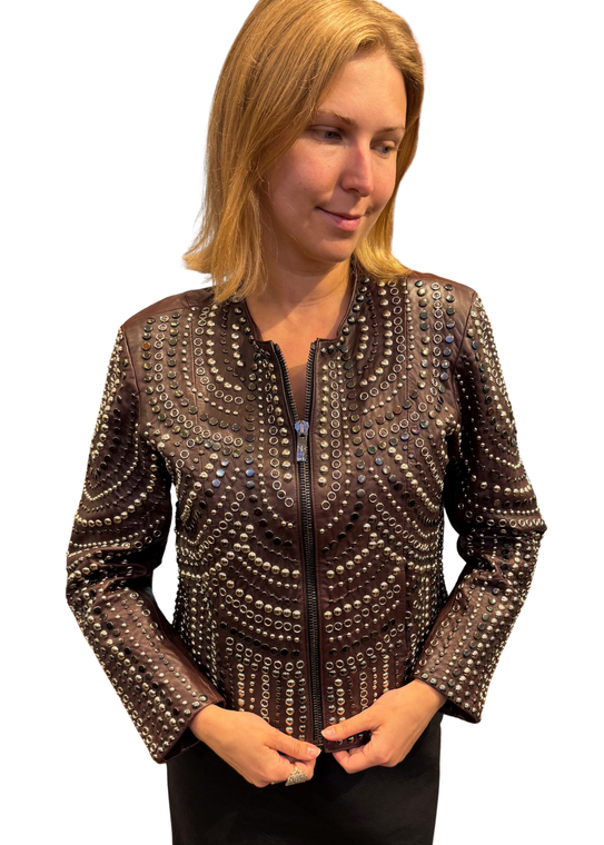 Nour Hammour Leather Studded Jacket in Burgundy, Size 44